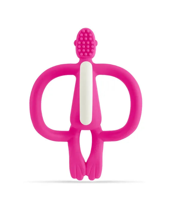 Matchstick Monkey Teething Toy and Gel Applicator - Pink baby teether for sore gums with textured bumps and easy-grip design