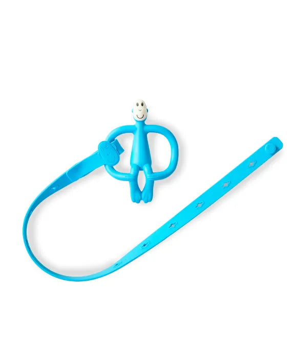 Matchstick Monkey Multi-Use Product Holder - Blue silicone holder strap attached to baby accessories on pram or highchair